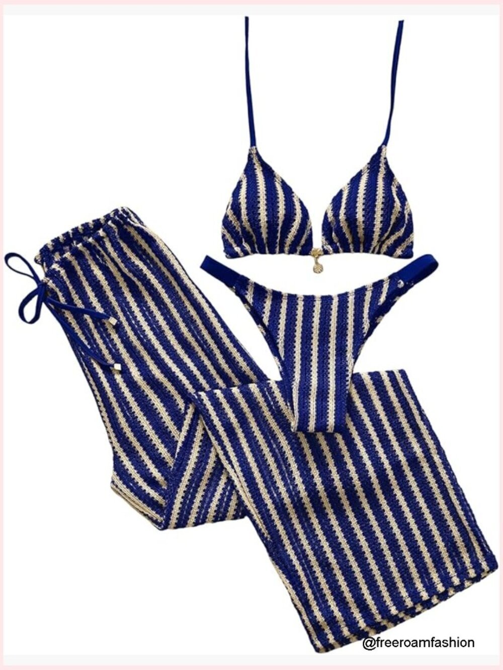 Women's 3 Piece Crochet Halter Triangle Bikini Set with Cover Up Pants